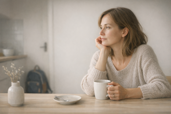 Expat anya lemaradás érzése – nő ül a konyhában gondolataiba merülve