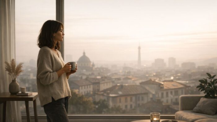 Külföldön rosszul érzem magam – nő áll egyedül az ablakban egy idegen városban